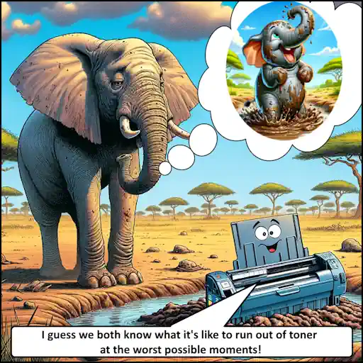 Humorous empty ink toner cartridge and elephant cartoon.