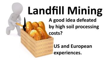 Image shows a cartoon figure mining for gold, to show what has been discovered about landfill mining since 2008.