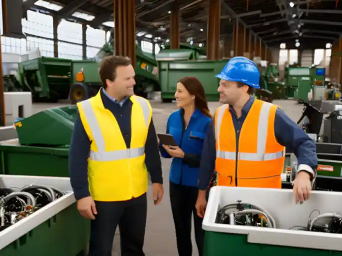 WEEE electronic goods technicians chat in a recycling depot.