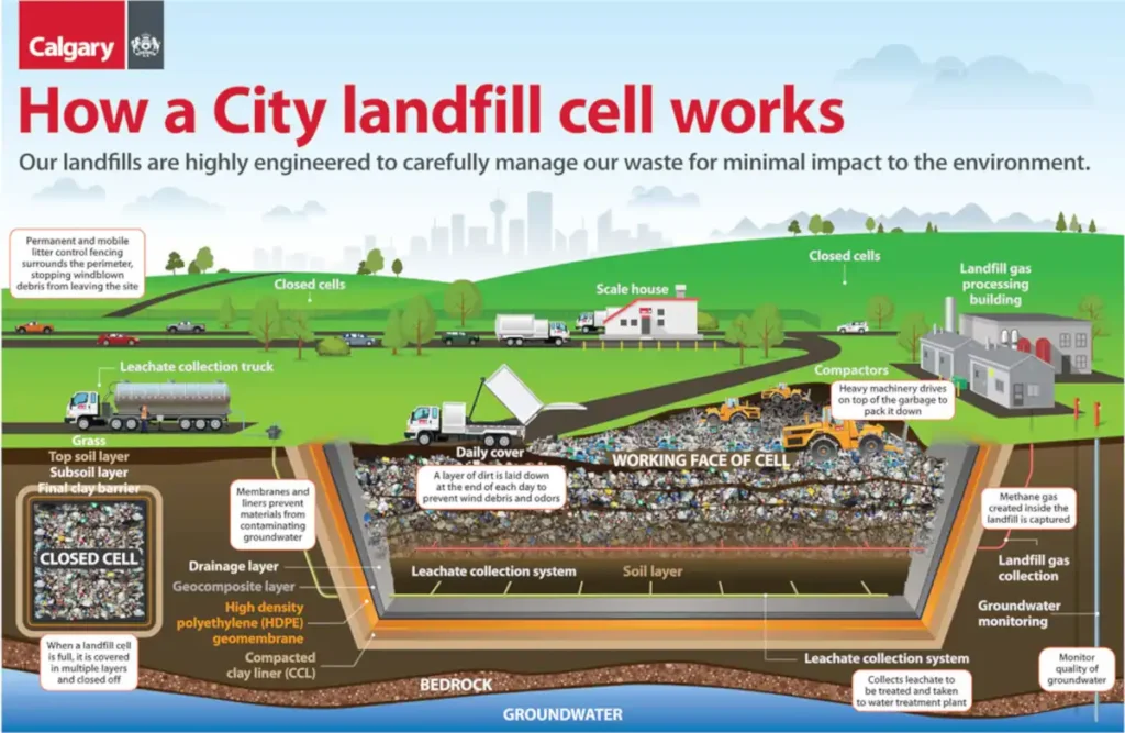 A cut-away diagram of landfill cell filling by Calgary City.