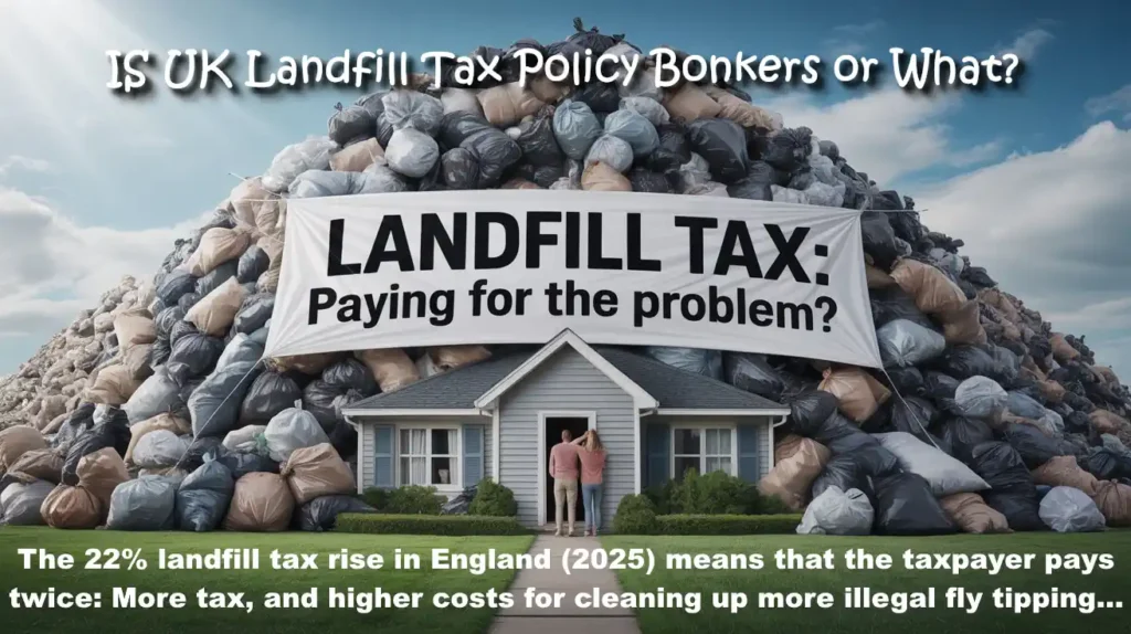 Image with the Text: "UK Landfill tax rise means paying more to create a bigger fly tipping problem."