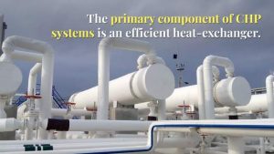 Image shows: CHP systems efficient heat exchanger. To clarify the term, an image is provided to explain "What is District Heating and Cooling".