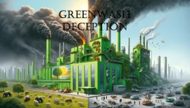 An AI generated illustration of the concept of greenwashing, depicting the contrasting realities of environmental impact and deceptive eco-friendly advertising.