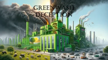 An AI generated illustration of the concept of greenwashing, depicting the contrasting realities of environmental impact and deceptive eco-friendly advertising.
