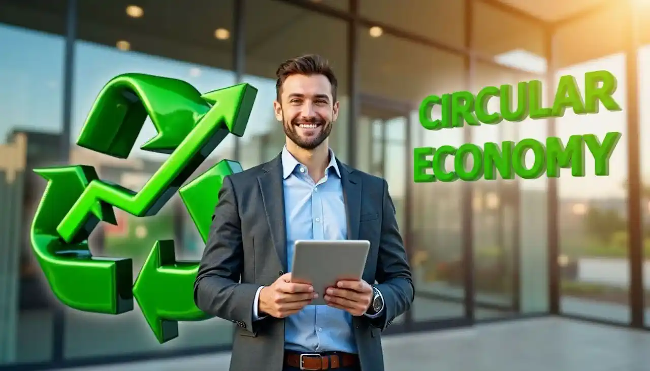 Image with recycling symbol a guy with a clipboard- text - Circular Economy. Image with recycling symbol a guy with a clipboard- text - Circular Economy.