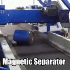 A Magnetic Separator selects a heavy drum and moves it into a metals skip for recycling.