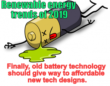 New Battery designs are one predicted renewable energy trend of 2019.