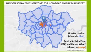 Image shows he map for the particulates emissions reducing Non Road Mobile Machinery emissions (NRMM) Regulations areas London.