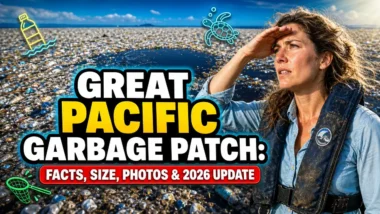 Image with featured text: Great Pacific Garbage Patch Facts Size Photos 2026 Update.