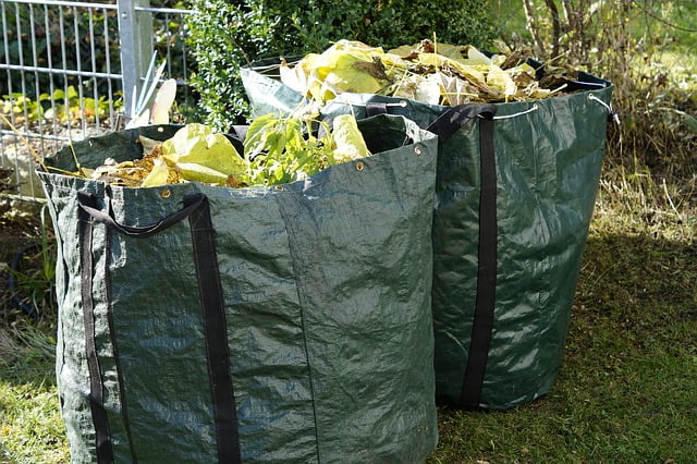 Image shows Garden Waste bagged and ready for collection.