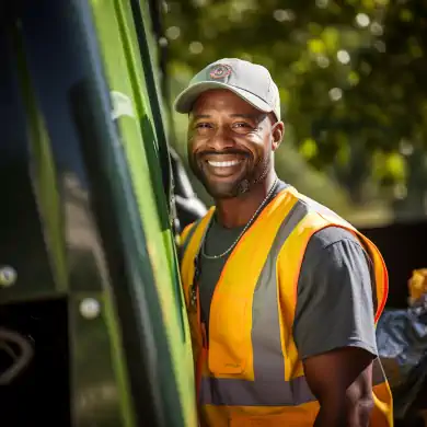 A trash collector stands beside his waste collection vehicle.
