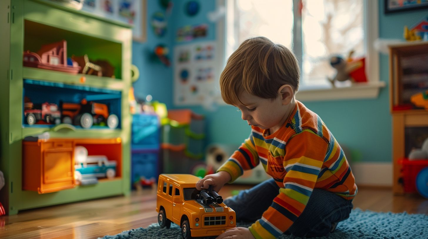 A child playing with a toy trash truck in a colourful indoor playroom. A child playing with a toy trash truck in a colourful indoor playroom.