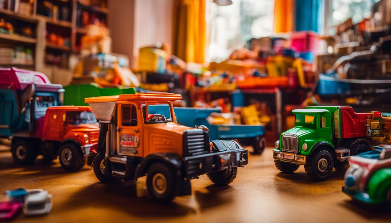 A collection of Matchbox trash trucks in a vibrant playroom with various characters and outfits. A collection of Matchbox trash trucks in a vibrant playroom with various characters and outfits.