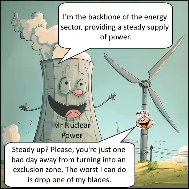 Cartoon humour: What the Nuclear Power Station said to the wind turbine - Version 2 Nuclear Energy Vs Renewables.