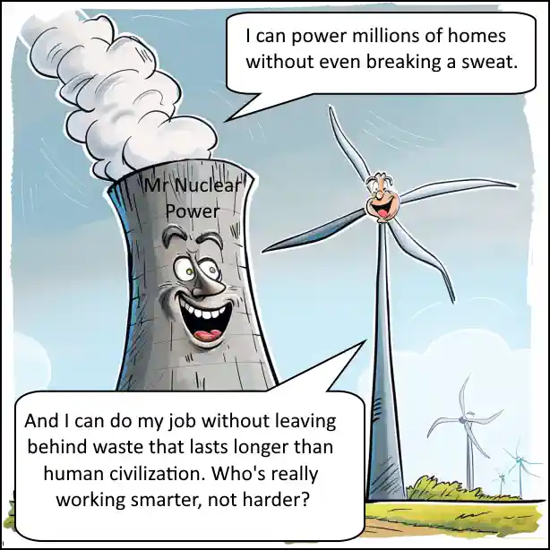 Cartoon humour: What the Nuclear Power Station said to the wind turbine - Version 3 Nuclear Energy Vs Renewables.