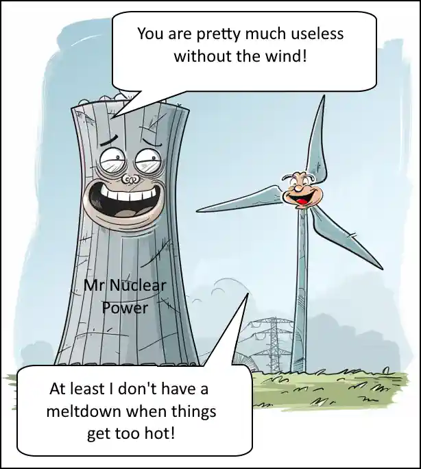 Cartoon humour: What the Nuclear Power Station said to the wind turbine. Nuclear Energy Vs Renewables
