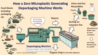 An infographic showing - How a Depackaging Machine Works.
