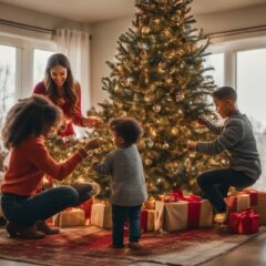 A family decorates an eco-friendly Christmas tree in a natural setting.