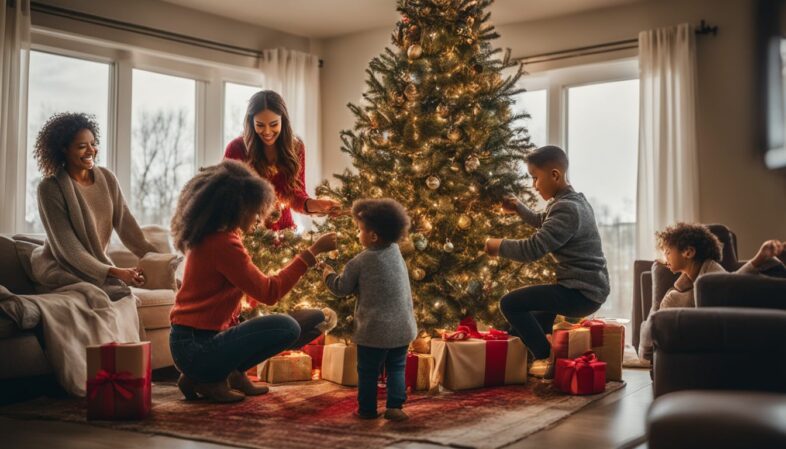 A family decorates an eco-friendly Christmas tree in a natural setting.