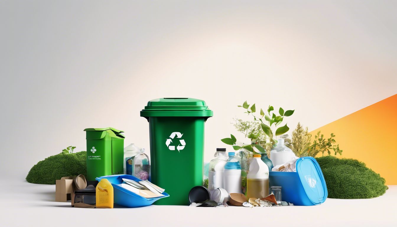 A recycling bin with separate compartments for plastics, paper, glass, and metals surrounded by household items and nature photography. A recycling bin with separate compartments for plastics, paper, glass, and metals surrounded by household items and nature photography.