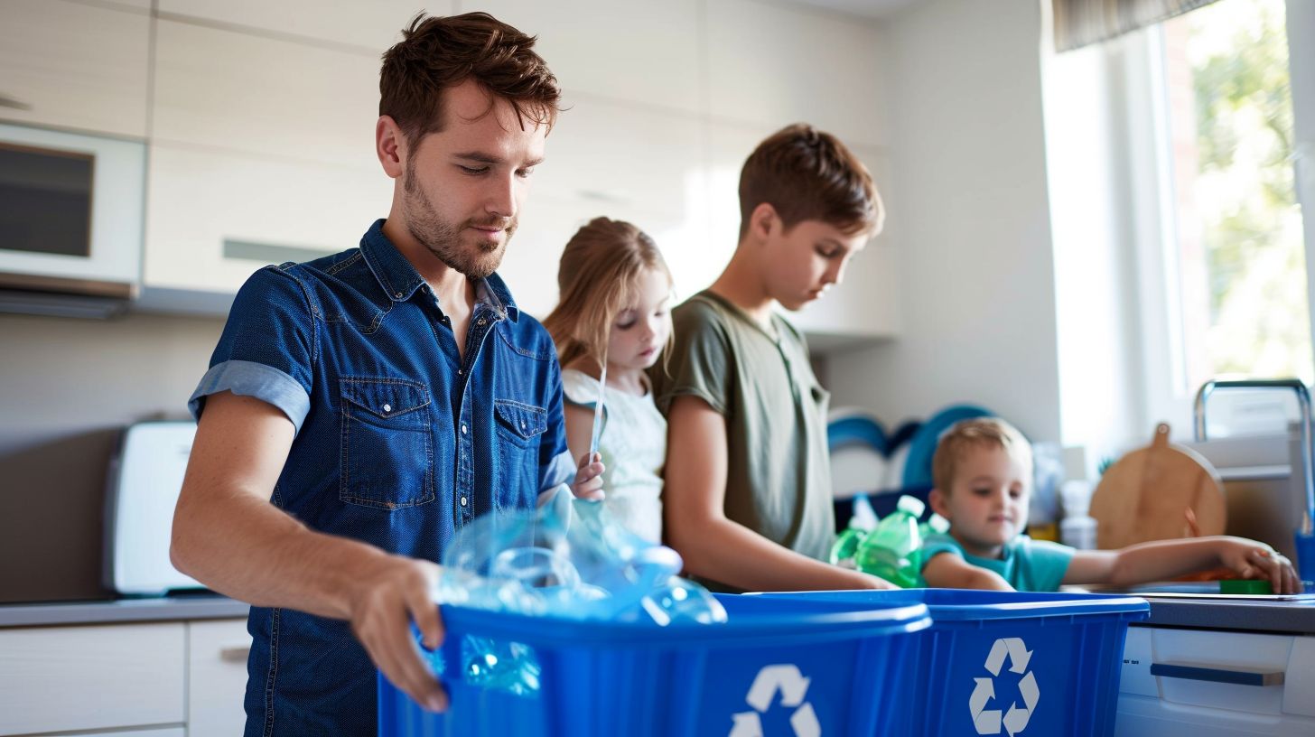A family is sorting recycling items in the kitchen.