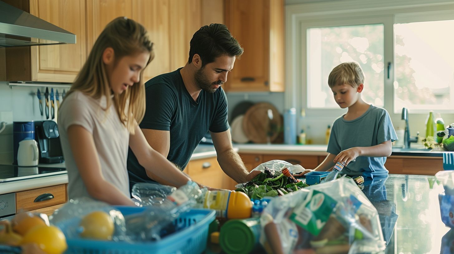 A family is sorting recycling items in the kitchen.