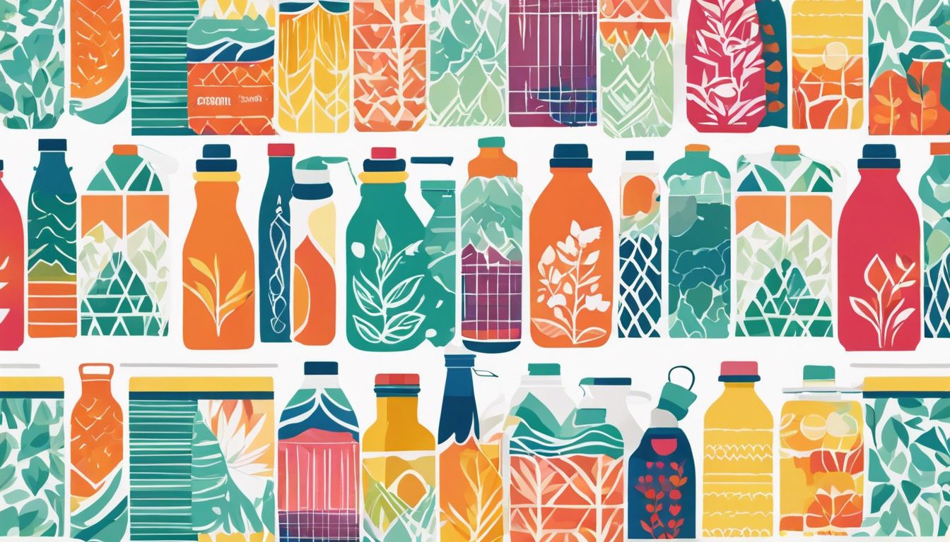A display of reusable water bottles and cloth shopping bags in a grocery store, promoting eco-friendly living and sustainability. A display of reusable water bottles and cloth shopping bags in a grocery store, promoting eco-friendly living and sustainability.