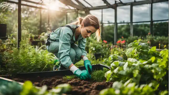 A person in protective gear is gardening in a vibrant, lush environment, avoids composting allergies A person in protective gear is gardening in a vibrant, lush environment, avoids composting allergies