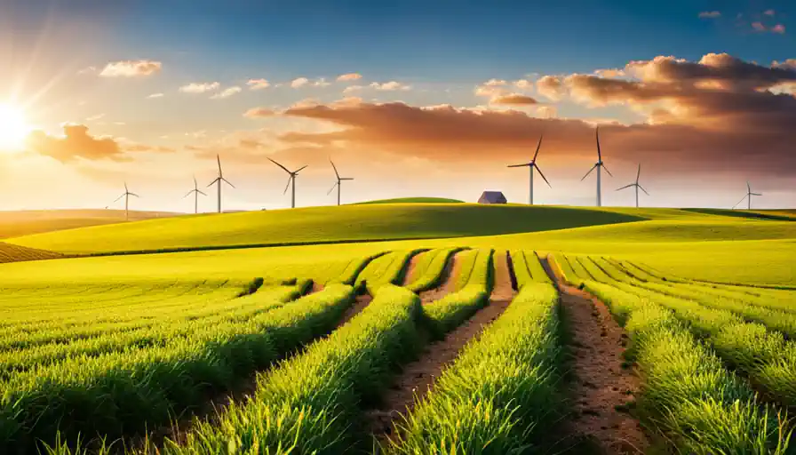 A wind turbine farm stands against a clear blue sky in a bustling landscape.