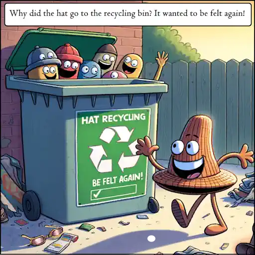 Cartoon with the text: "Why did the hat go to the recycling bin? It wanted to be felt again!".