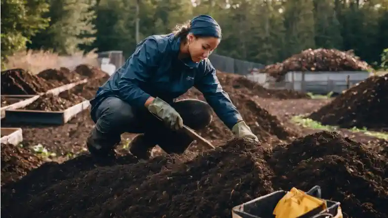 Digging in compost. A precaution against allergies. A person in protective gear inspecting a compost pile with various natural and cinematic shots.