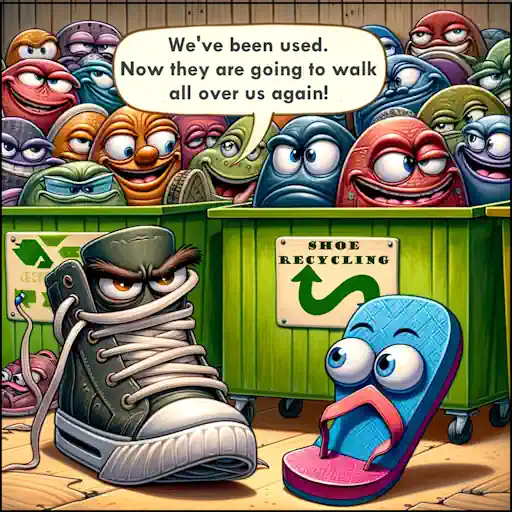 Cartoon joke about grumpy shoes in a recycling centre