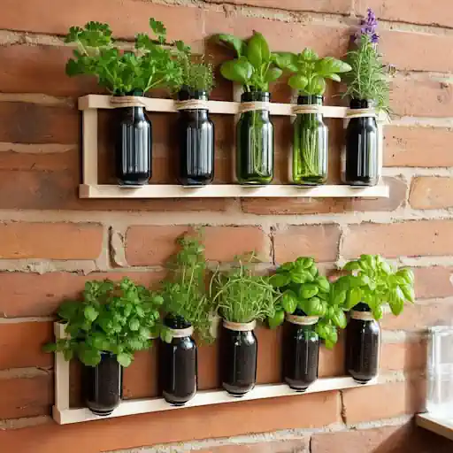 Reused glass jars as a herb garden wall.