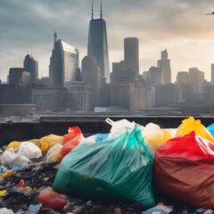 The levy of a plastic bag tax may reduce sights like the one shown in this image of a heap of plastic pollution in front of a dramatic cityscape view.
