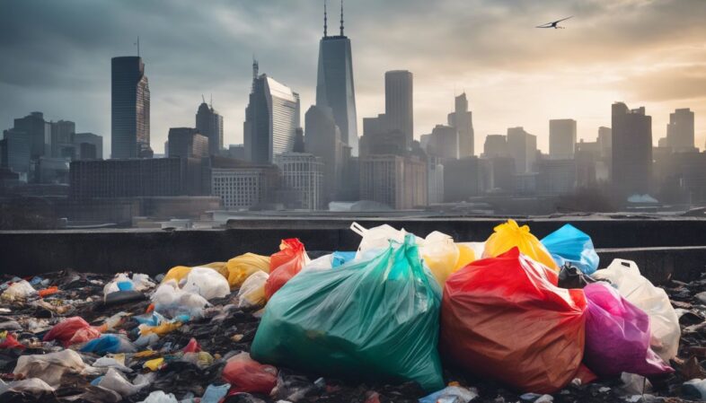 The levy of a plastic bag tax may reduce sights like the one shown in this image of a heap of plastic pollution in front of a dramatic cityscape view.