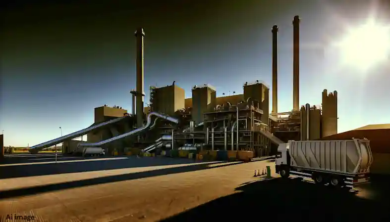 An Ai concept of a more typical out-of-town garbage incinerator.