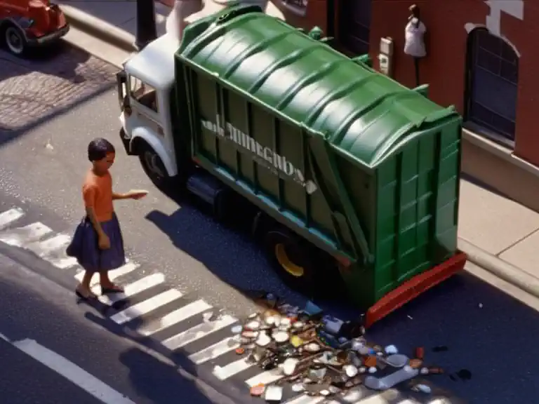 Image illustrates Matchbox Working Rigs Garbage Trucks in a street scene model.