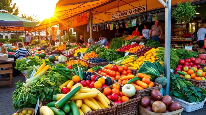 A vibrant farmers' market displaying locally grown, organic produce that is sustainable food.