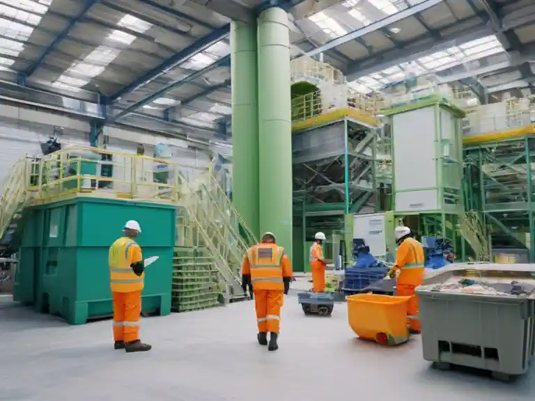An advanced hazardous waste treatment facility in the UK, with industrial machines and workers processing hazardous waste in a clean and controlled environment. An advanced hazardous waste treatment facility in the UK, with industrial machines and workers processing hazardous waste in a clean and controlled environment.