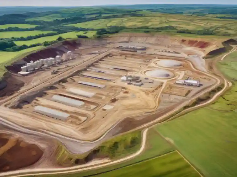 A large, regulated hazardous waste landfill site located in the UK countryside, seen from a high vantage point. A UK hazardous waste landfill AI visualisation.