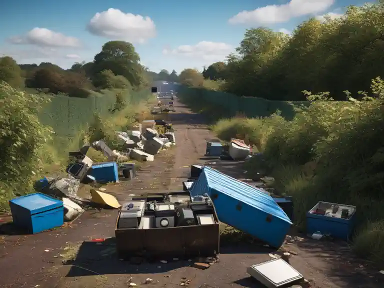A rural UK landscape affected by fly-tipping, with illegally dumped hazardous waste in a quiet country lane.