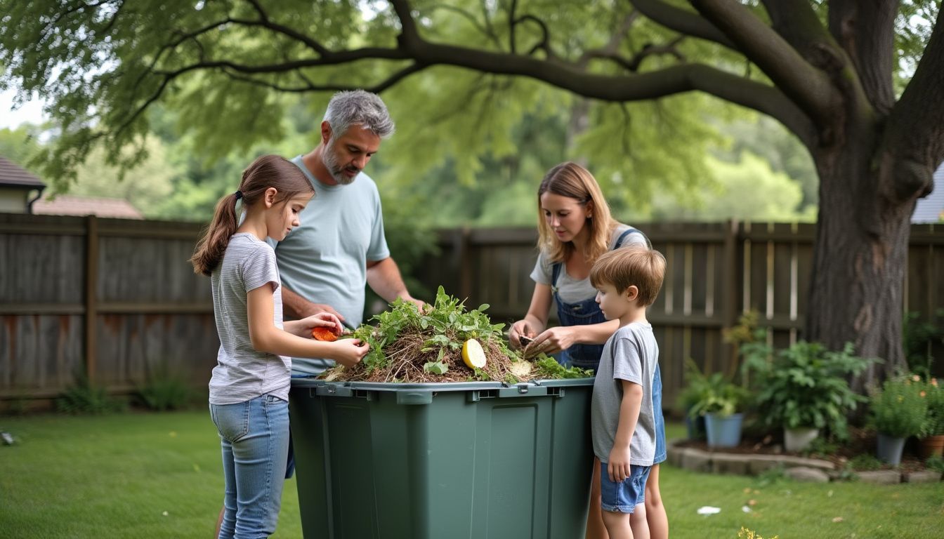 A family of four sorting through organic waste in their backyard. A family of four sorting through organic waste in their backyard.