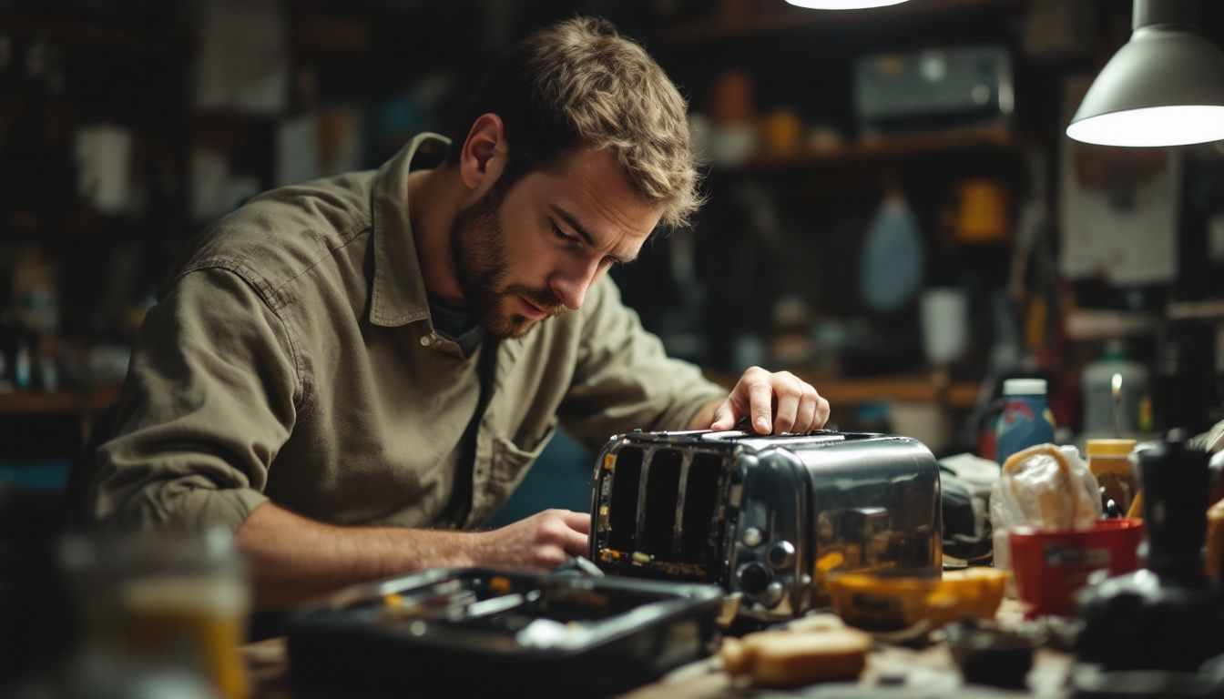 A man is dismantling a broken toaster on a cluttered workbench. A man is dismantling a broken toaster on a cluttered workbench. Hopefully this guy as a worker in the repair of WEEE knows the answer to the question "Can I Put Small Electrical Items In The Recycle Bin Safely?."