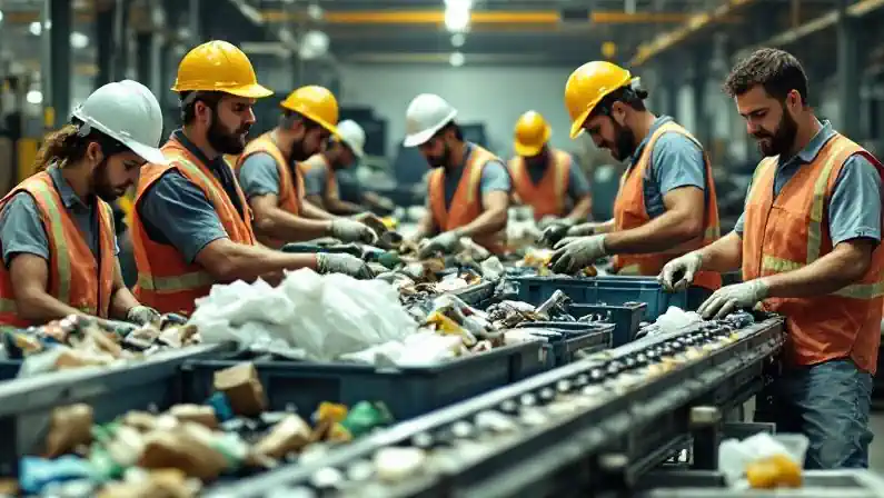 A recycling facility with efficient waste picking line and workers sorting items.