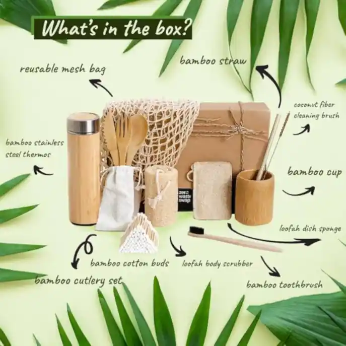 Bamboo toothbrush and other zero waste items kit.