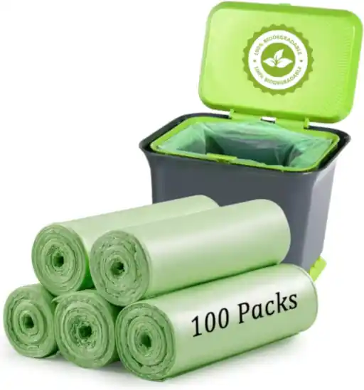 Rolls of biodegradable trash bags for sale.