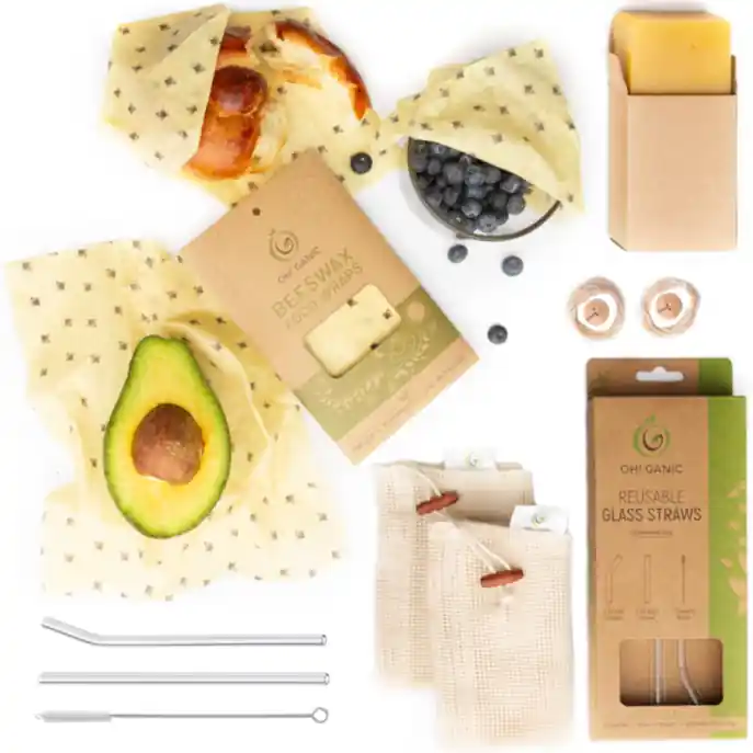 Reusable beeswax zero-waste kit unboxed view.