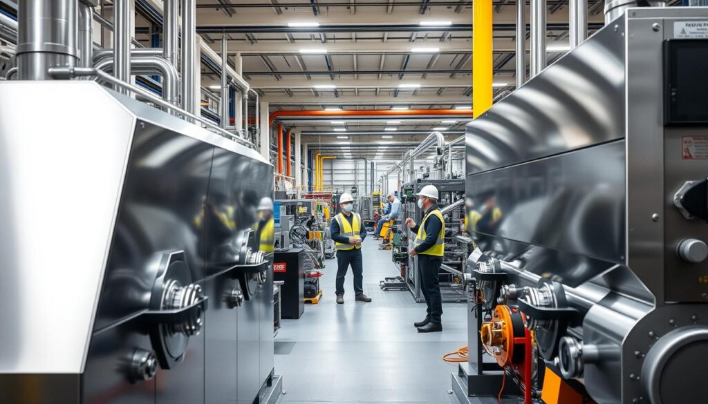 Leading biomass extruder manufacturer workers talk in a factory on our biomass extruder manufacturer list. Leading biomass extruder manufacturer workers talk in a factory on our biomass extruder manufacturer list.