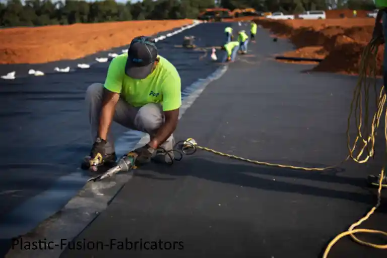 Welding a joint in a geomembrane liner.