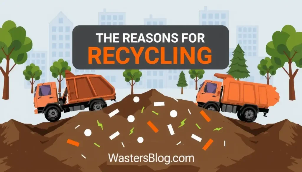 Featured image with refuse vehicles tipping waste into a chaotic landfill and the text "The Reasons for Recycling." Featured image with refuse vehicles tipping waste into a chaotic landfill and the text "The Reasons for Recycling."